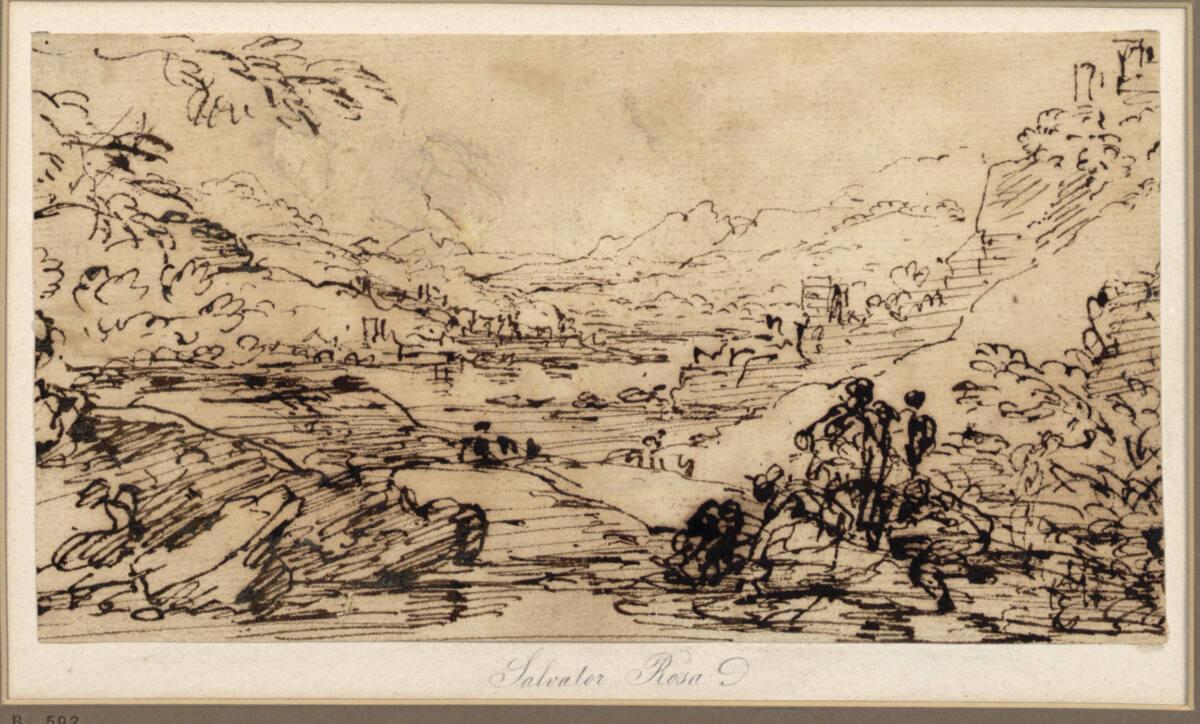 Salvator Rosa, Bergige Landschaft mit einer Figurengruppe rechts vorne, Inv. Nr.: 990