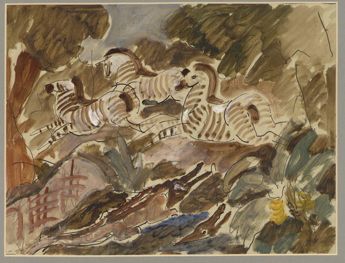 Charles Georges Dufresne, Drei Zebras, die vor angreifenden Krokodilen fliehen, Inv. Nr.: 22971