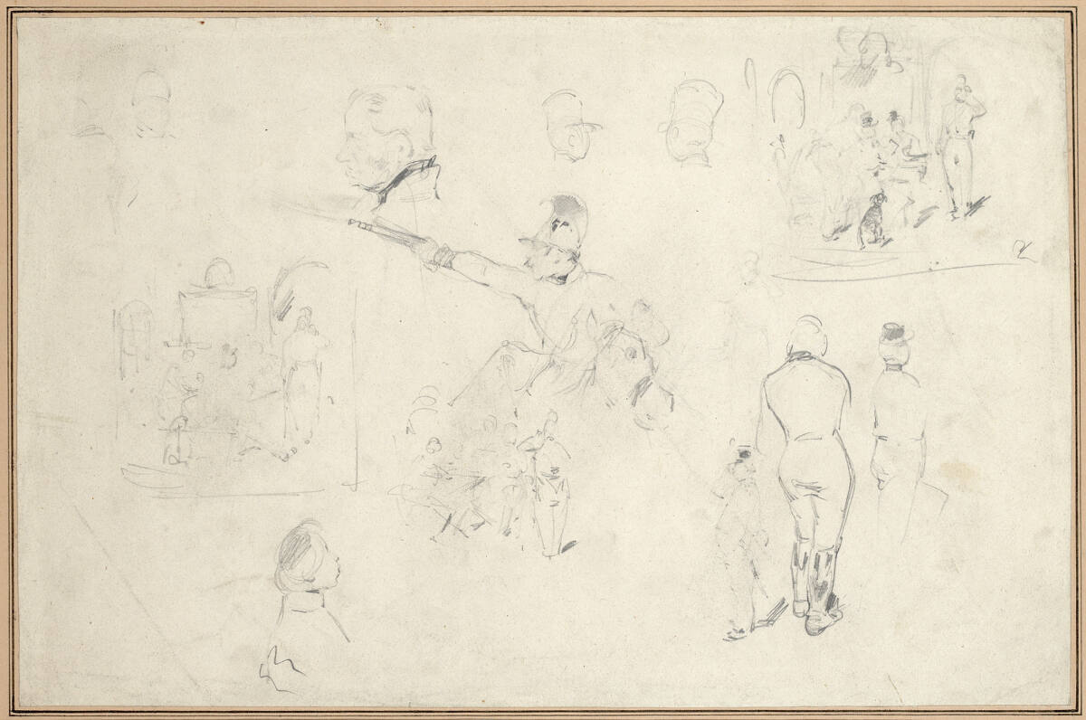Skizzenblatt: mehrere Köpfe, Szenen, Gestalten skizzenhaft angedeutet, Carl Schindler, 1838–1842