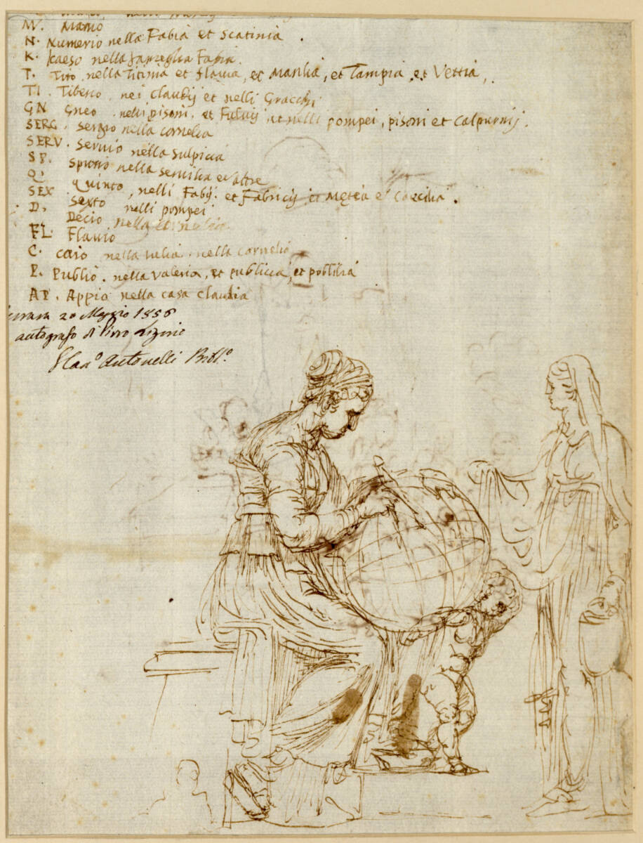 Sitzende Muse (?) mit Zirkel, Globus und einer stehenden Begleitperson, Pirro Ligorio