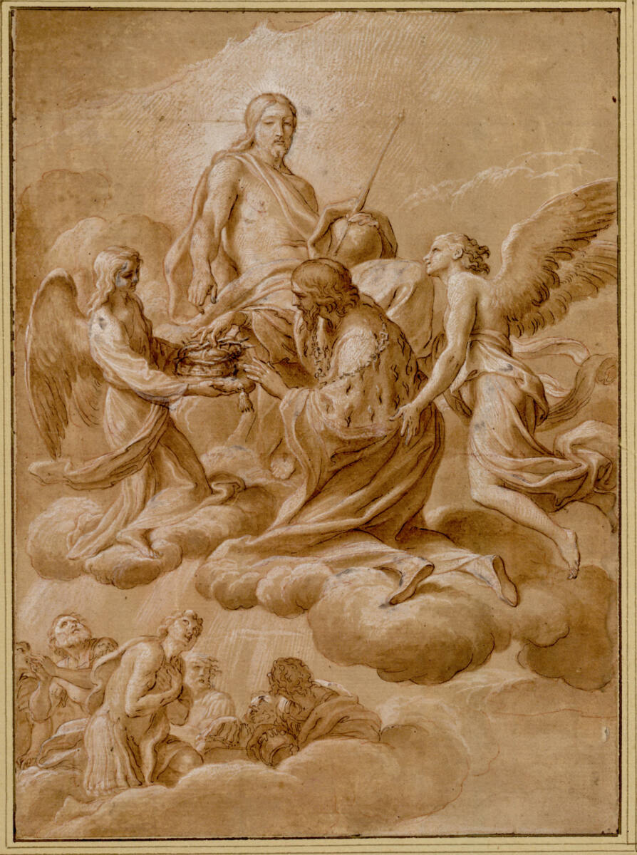 Der heilige Ludwig von Frankreich vor dem Heiland auf Wolken kniend und eine Dornenkrone ergreifend; links unten andere Heilige auf Wolken, die nach oben schauen, Giovanni Francesco Romanelli
