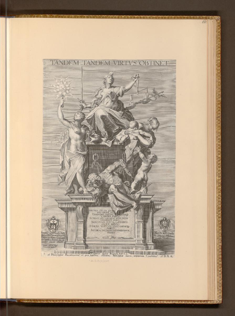 Druckgrafiken von Lucas Kilian, Tandem Tandem virtus obtinet: Justitia, Zeit und Caritas, Inv. …