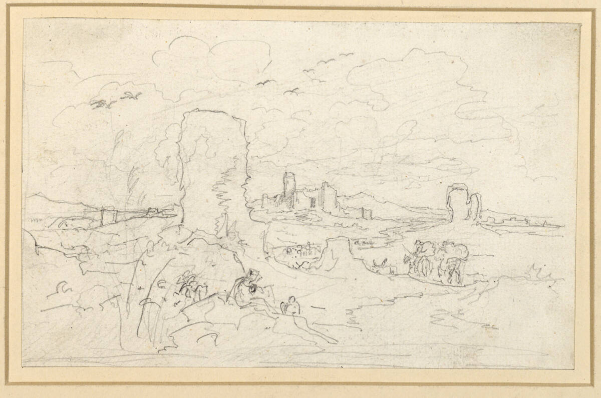 Roma vecchia: Reste mittelalterlicher Burgen an der Via latina, mit Figurenstaffage, Friedrich Preller the Elder, 1829