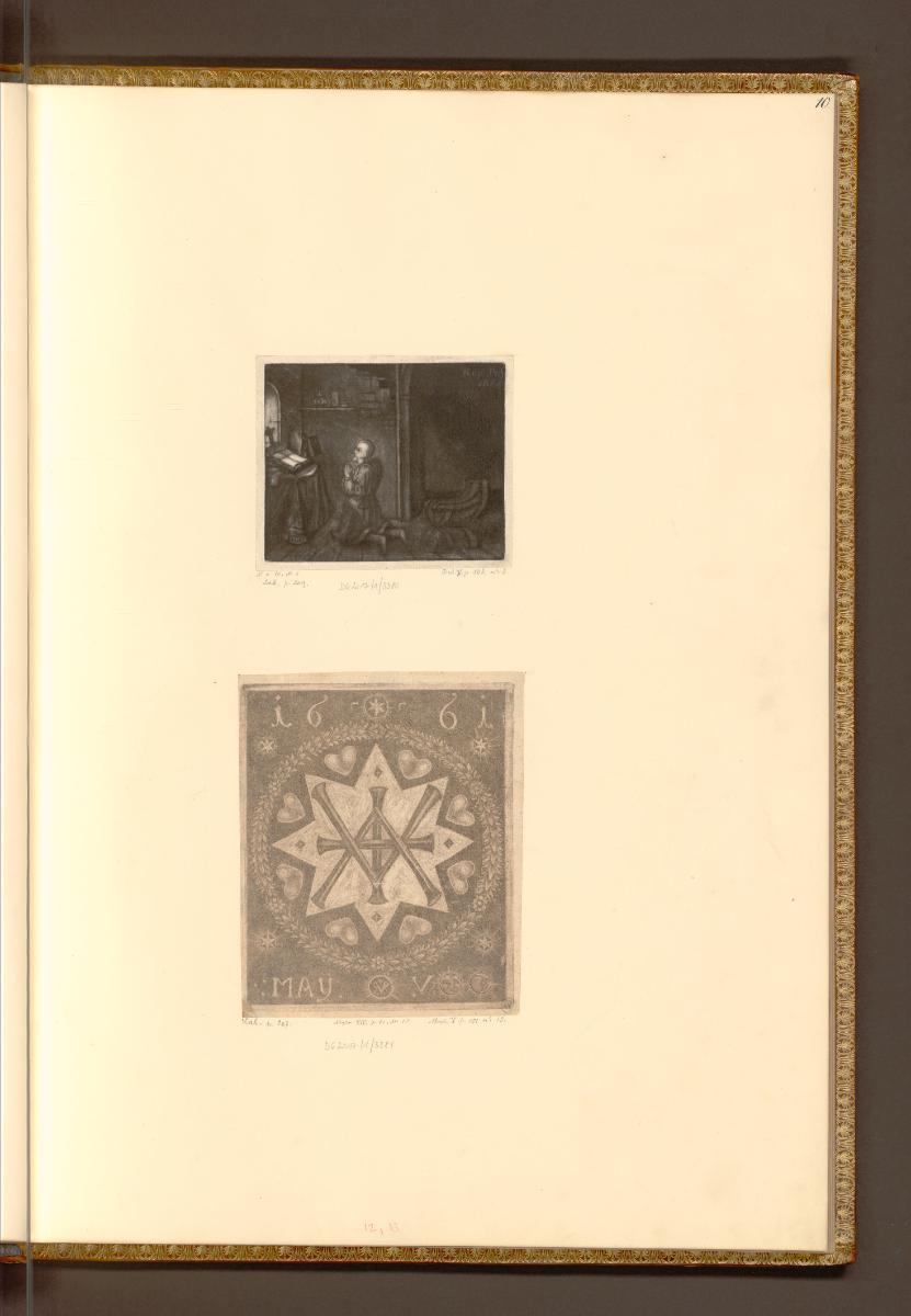 Frühe Schabkunstblätter, Betender Mönch in einer Kammer; Signet, Inv. Nr.: Deutsch nach Sektion…