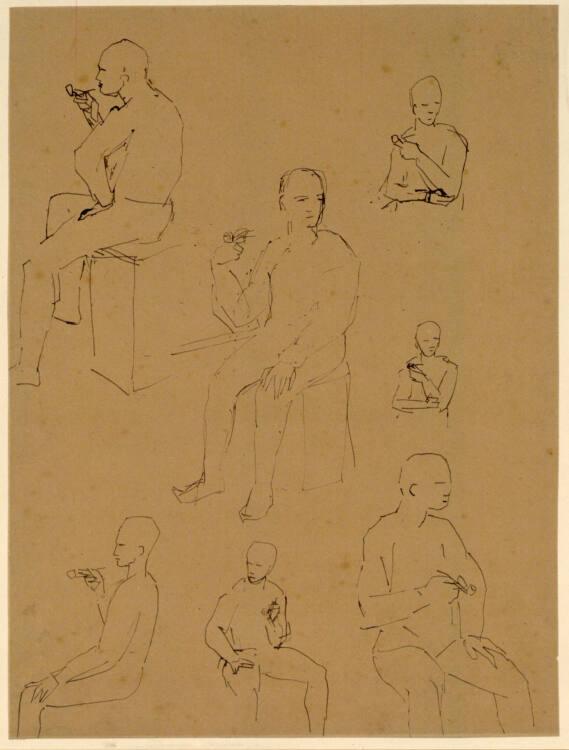Pablo Picasso, Studienblatt mit 7 Skizzen eines sitzenden, Pfeife rauchenden Mannes, Inv. Nr.: …