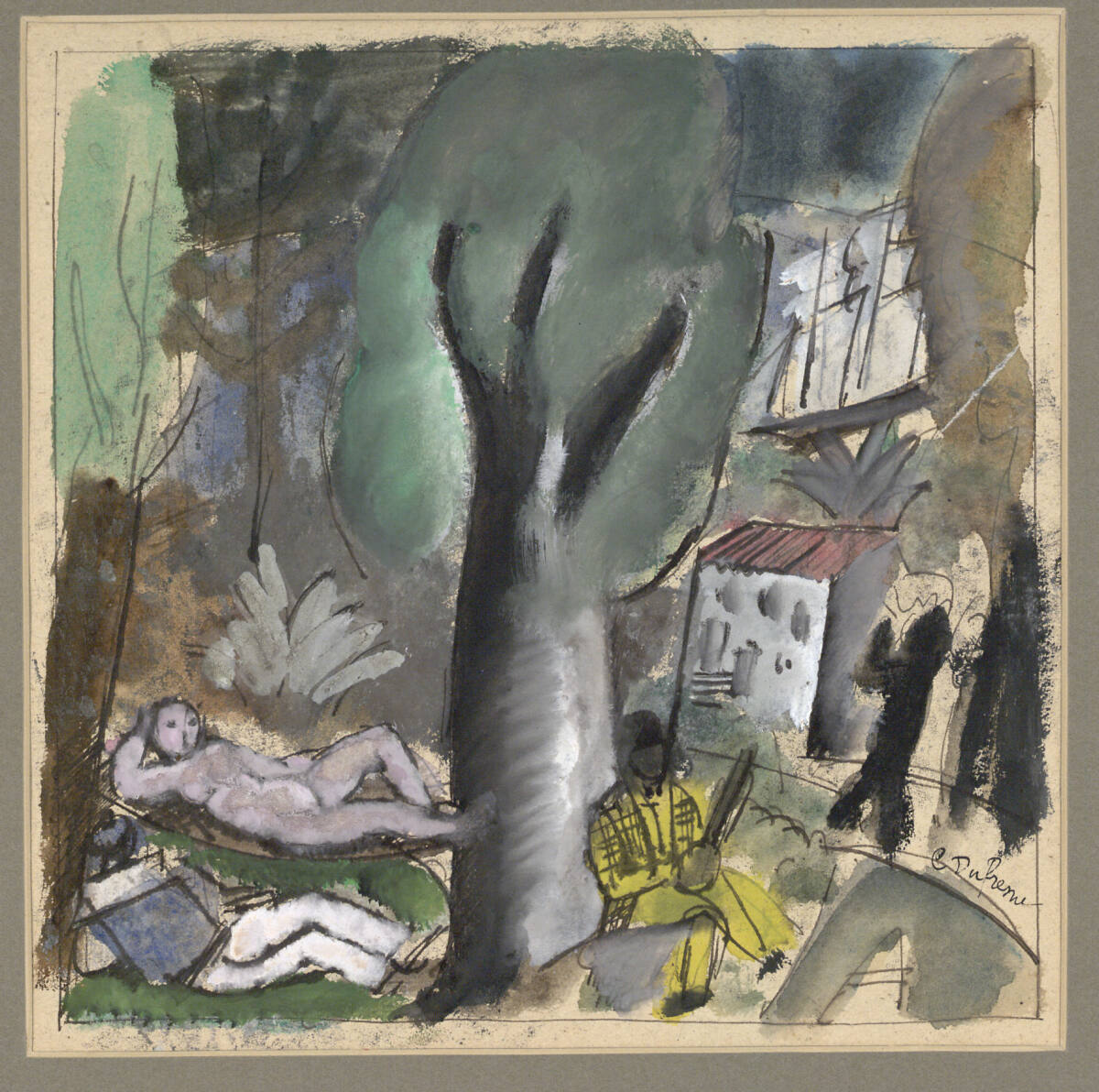 Landschaft mit liegendem Frauenakt, liegendem Matrosen und schwarzem Banjospieler, Charles Georges Dufresne