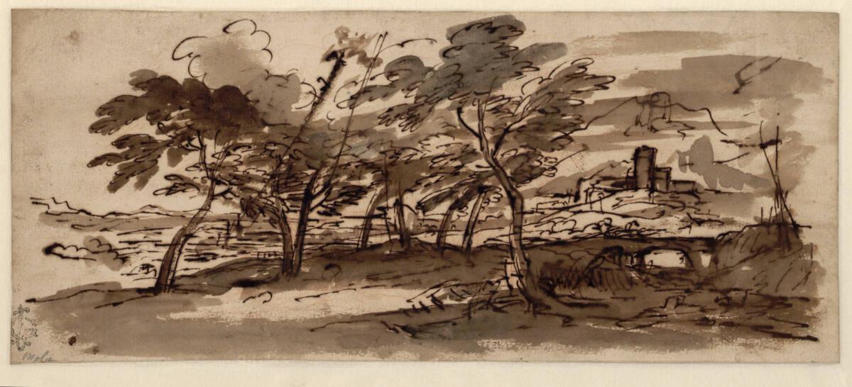 Pier Francesco Mola, Küstenlandschaft mit Bäumen und Kastell im Hintergrund, Inv. Nr.: 23365