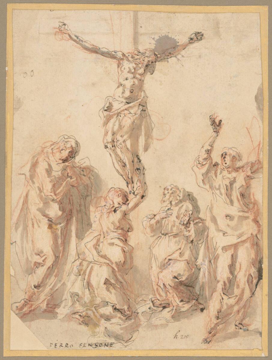 Cesare Pollini, Christus am Kreuz mit Maria, Maria Magdalena, Johannes und Joseph von Arimathäa…