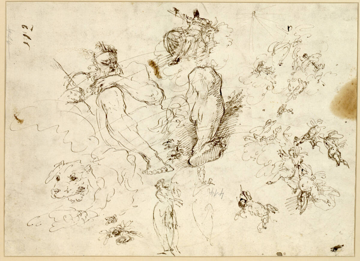 Skizzenblatt. Sitzender Jupiter in Untersicht; Studie zur Figur des Glaubens der Vs.; liegender Hund; Putten; zwei stehende Figuren, Vittorio Bigari