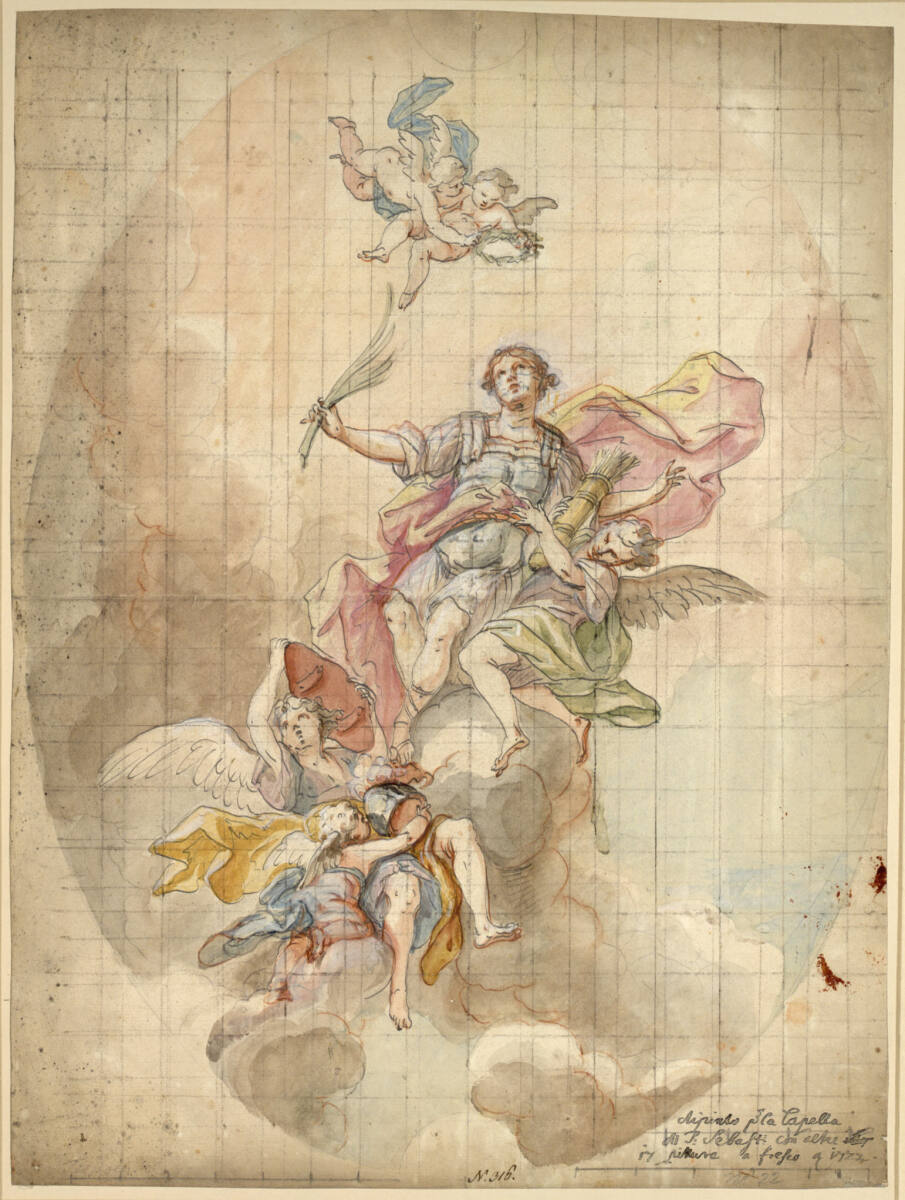 Verherrlichung des heiligen Sebastian; Engel tragen einen Köcher mit Pfeilen, Schild und Helm, Vittorio Bigari