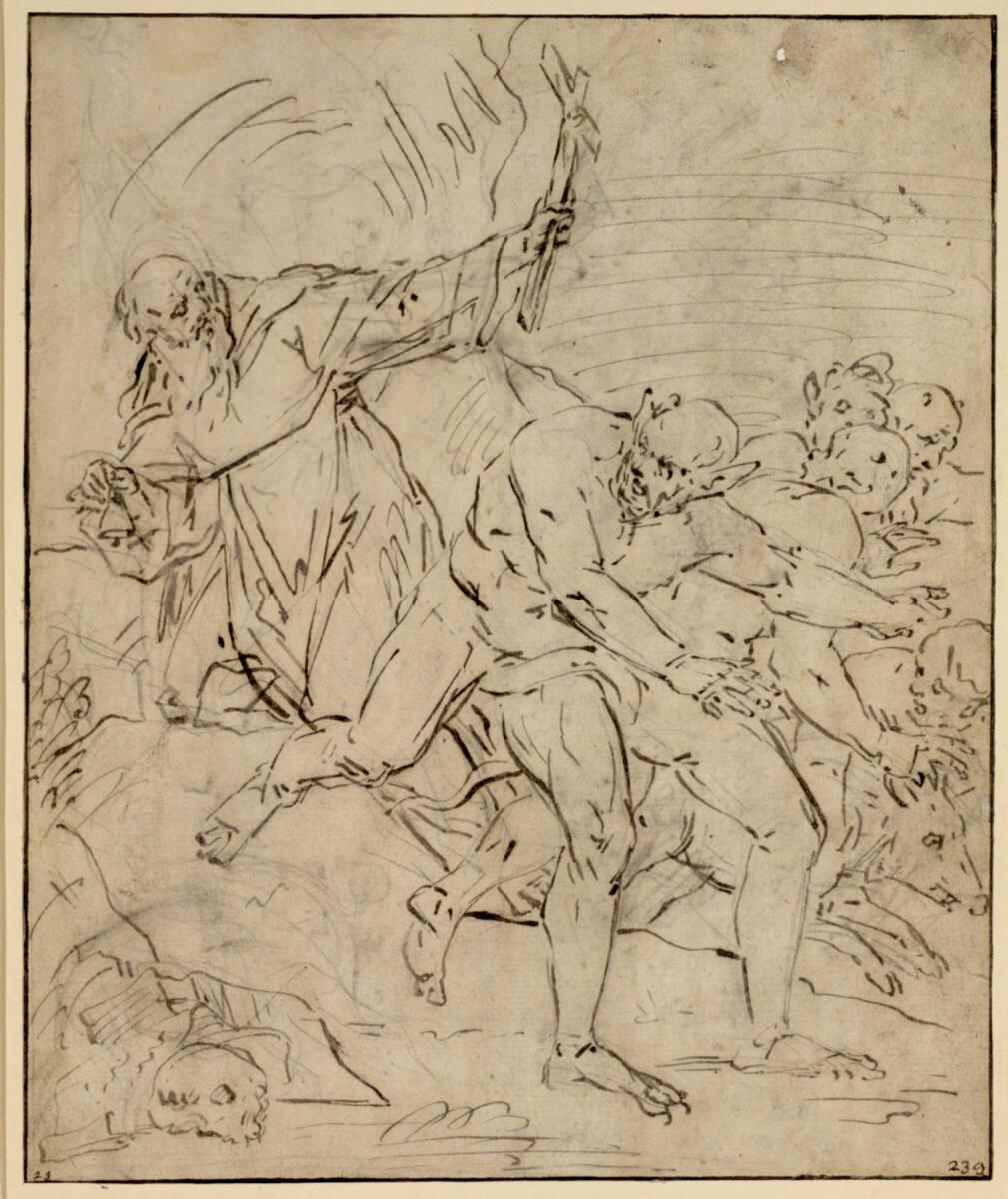 Luca Cambiaso, Der heilige Antonius als Einsiedler vertreibt mit dem Kreuz die Teufel, die ihn …