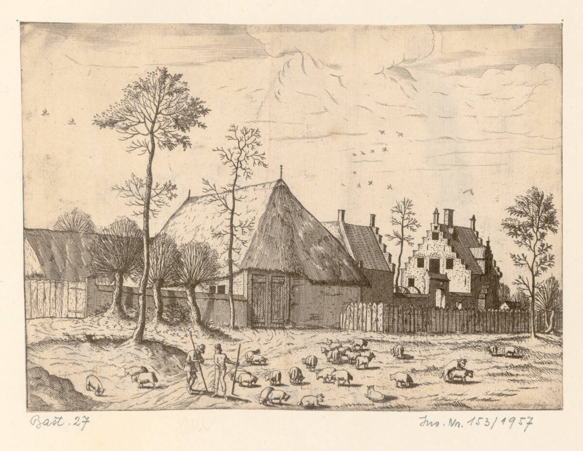 Kleine Landschaft: Schuppen mit Haus, Schafe mit Schäfer im Vordergrund, MeisterderkleinenLandschaften, 1559