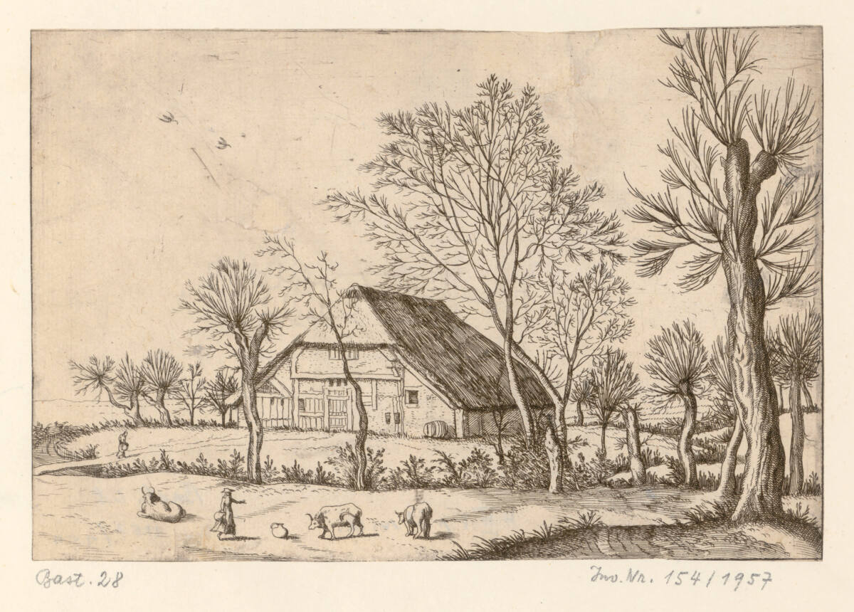 Kleine Landschaft: Bauernhof, Kühe mit Milchmädchen im Vordergrund, MeisterderkleinenLandschaften, 1559