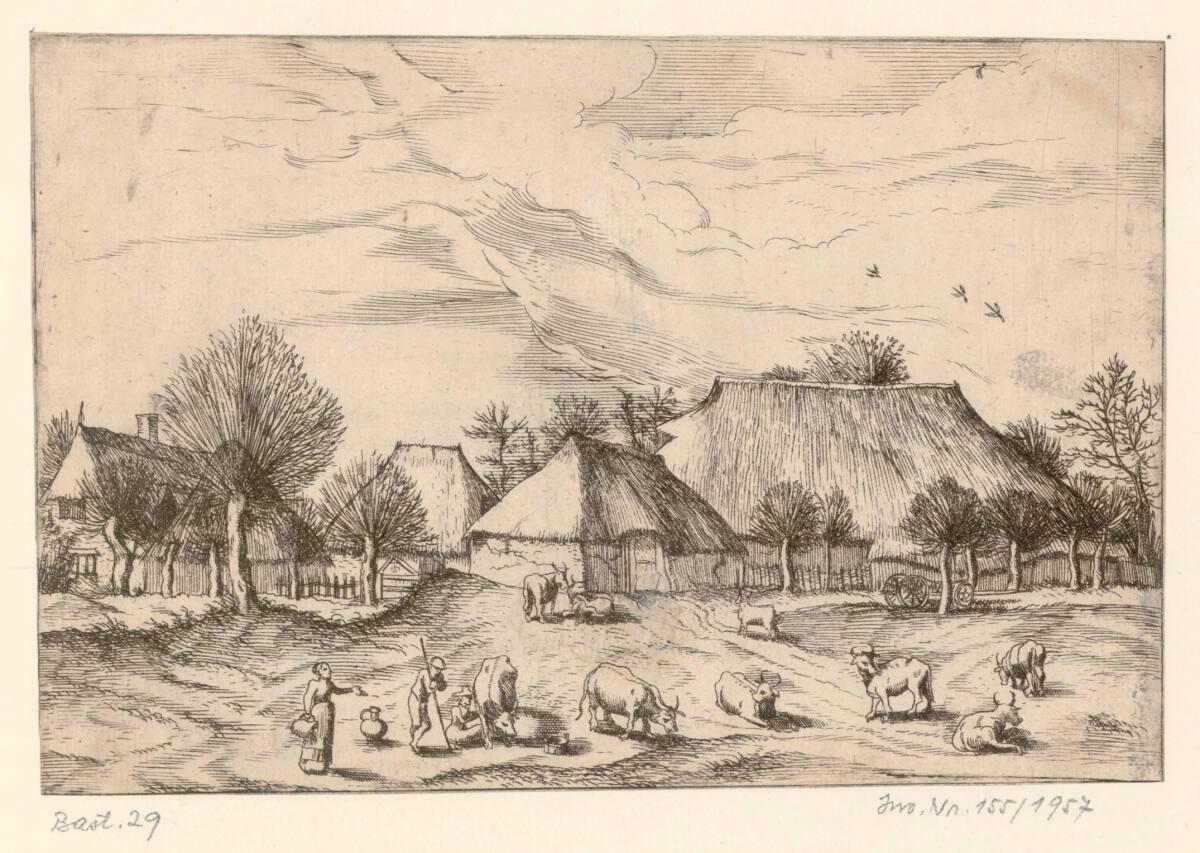 Kleine Landschaft: Bauernhöfe, Vieh mit Hirte und Milchmädchen im Vordergrund, Inv. Nr.: DG1957…
