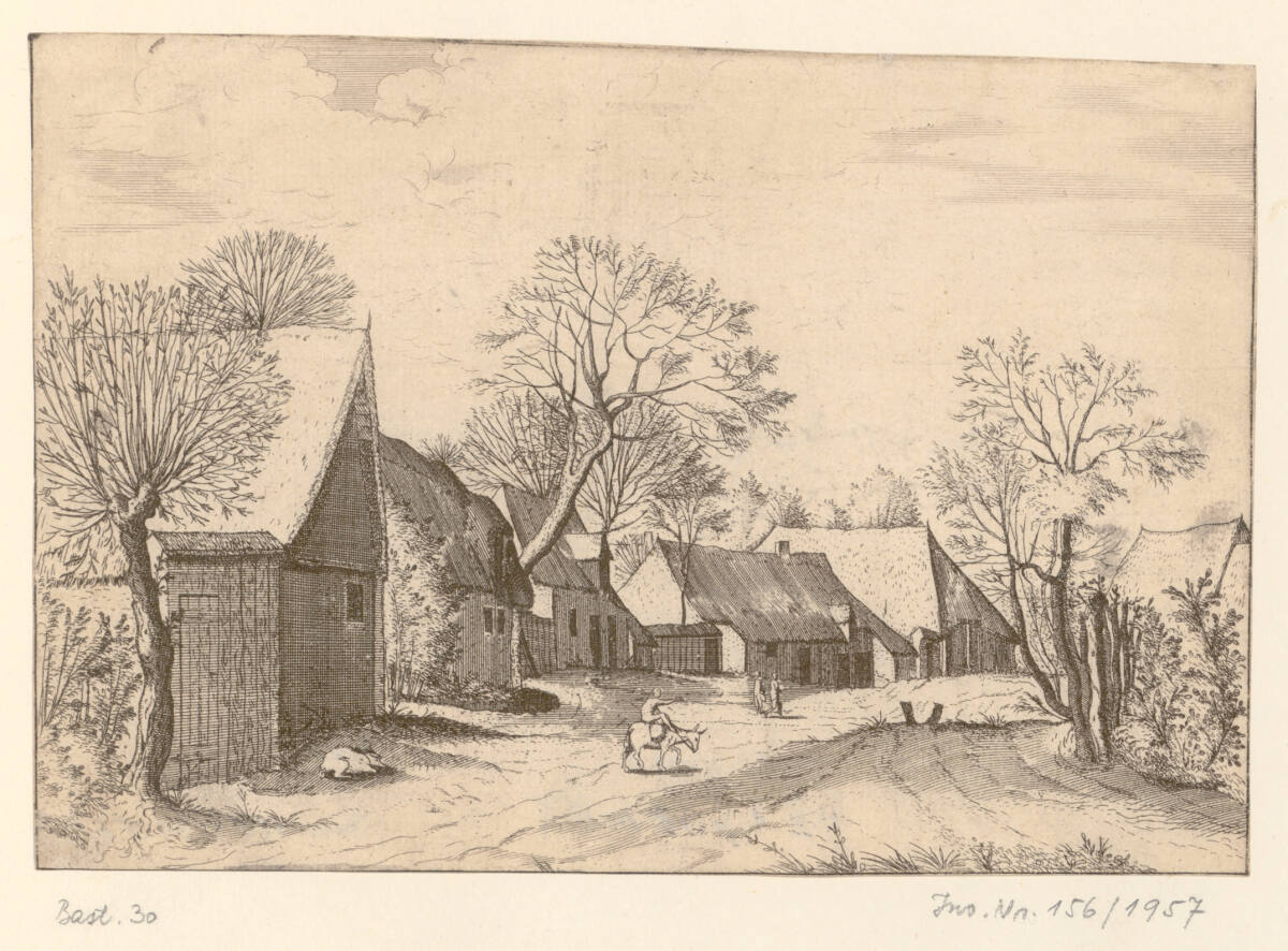 Kleine Landschaft: Bauernhöfe und Scheune, auf Esel reitender Mann im Vordergrund, MeisterderkleinenLandschaften, 1559