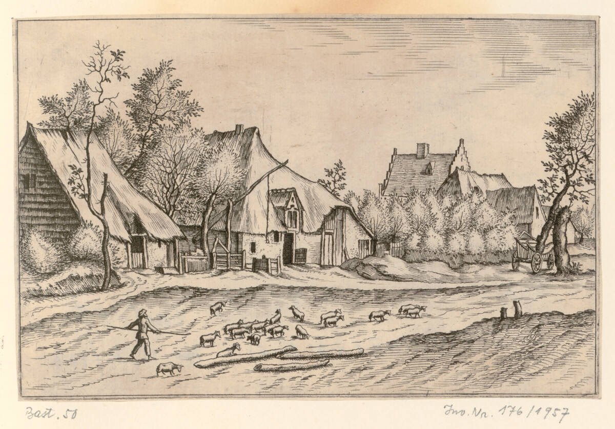 Kleine Landschaft: Bauernhöfe in einem Dorf, Schafe und Hirte im Vordergrund, MeisterderkleinenLandschaften, 1561