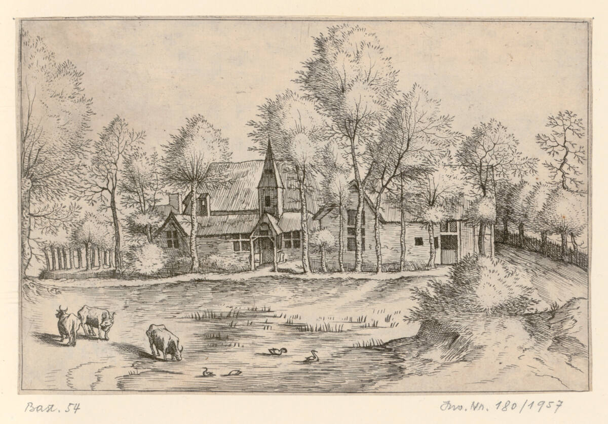 Kleine Landschaft: Ländliches Dorf mit Kirche, Kühe und Enten im Vordergrund, MeisterderkleinenLandschaften, 1561