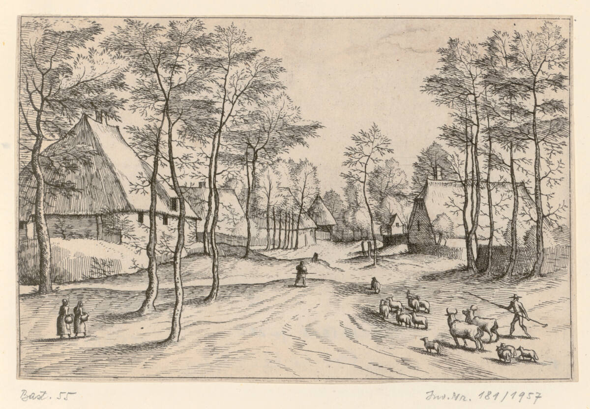 Kleine Landschaft: Dorfstraße, Rinder, Schafe und Hirte im Vordergrund, MeisterderkleinenLandschaften, 1561