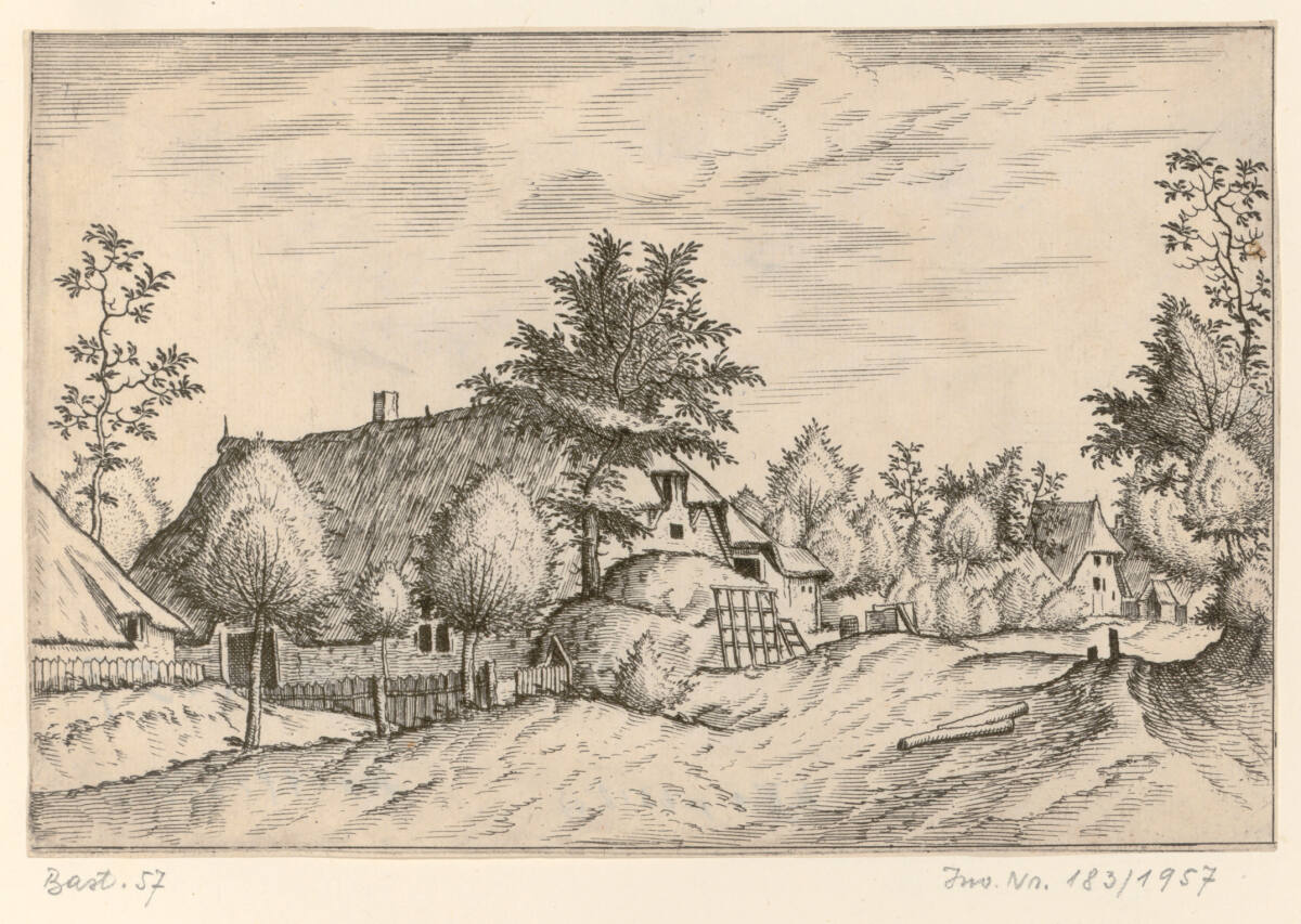 Kleine Landschaft: Dorfstraße, Heuhaufen vor einem Bauernhof, MeisterderkleinenLandschaften, 1561