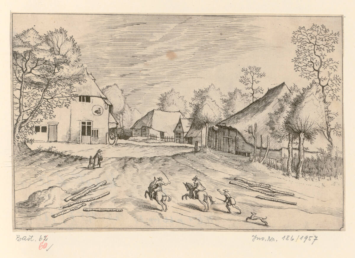 Kleine Landschaft: Das Gasthaus zum Schwanen mit Bauernhöfen, Reiter im Vordergrund, MeisterderkleinenLandschaften, 1561