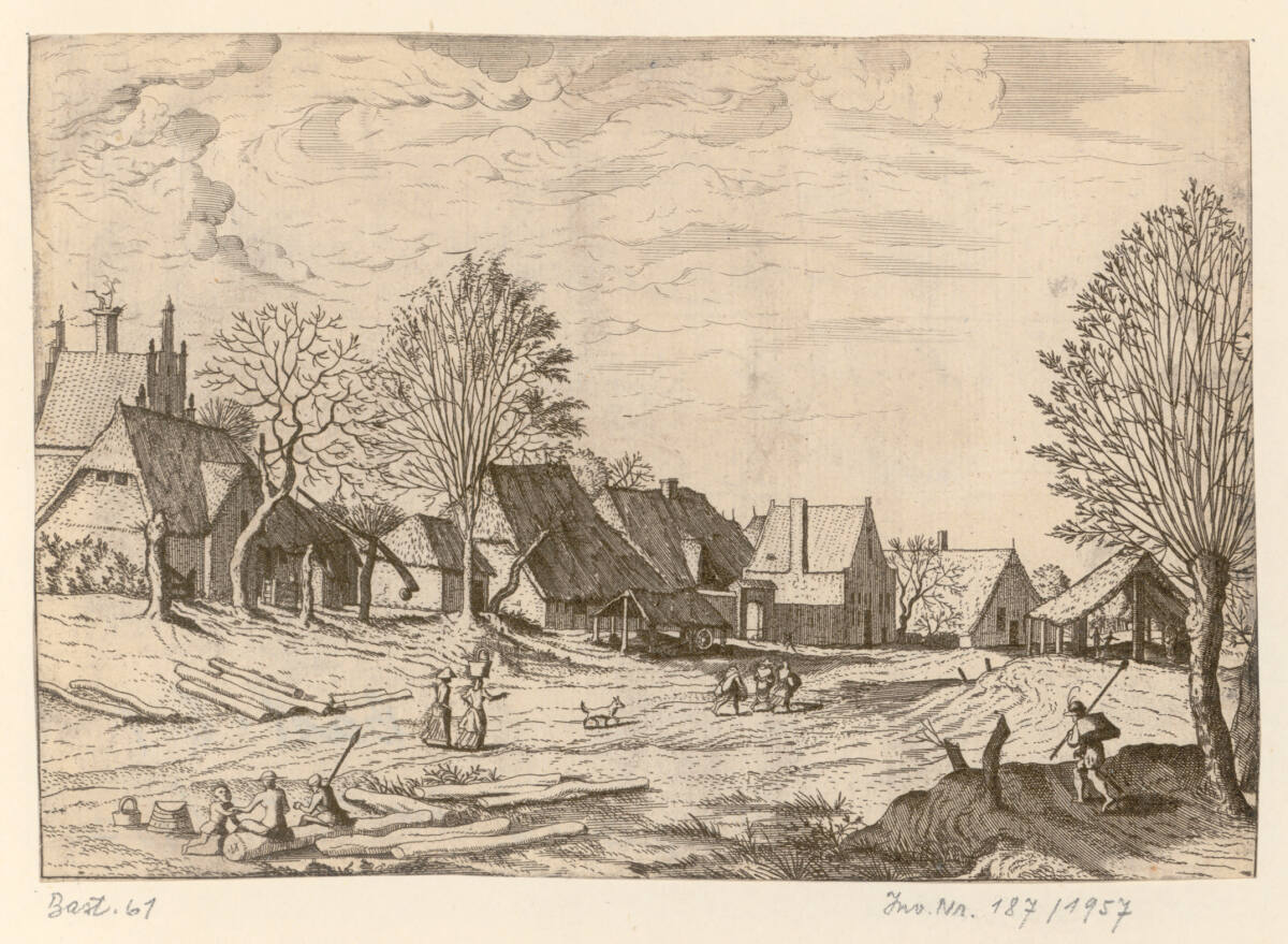Kleine Landschaft: Dorfstraße, auf Baumstamm rastendes Paar im Vordergrund, MeisterderkleinenLandschaften, 1561