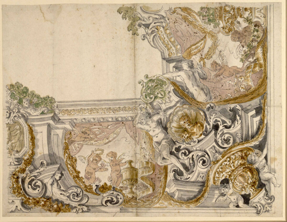 Figurale und ornamentale Umrahmung eines Freskenfeldes (Teilentwurf für ein Deckenbild), Melchior Michael Steidl