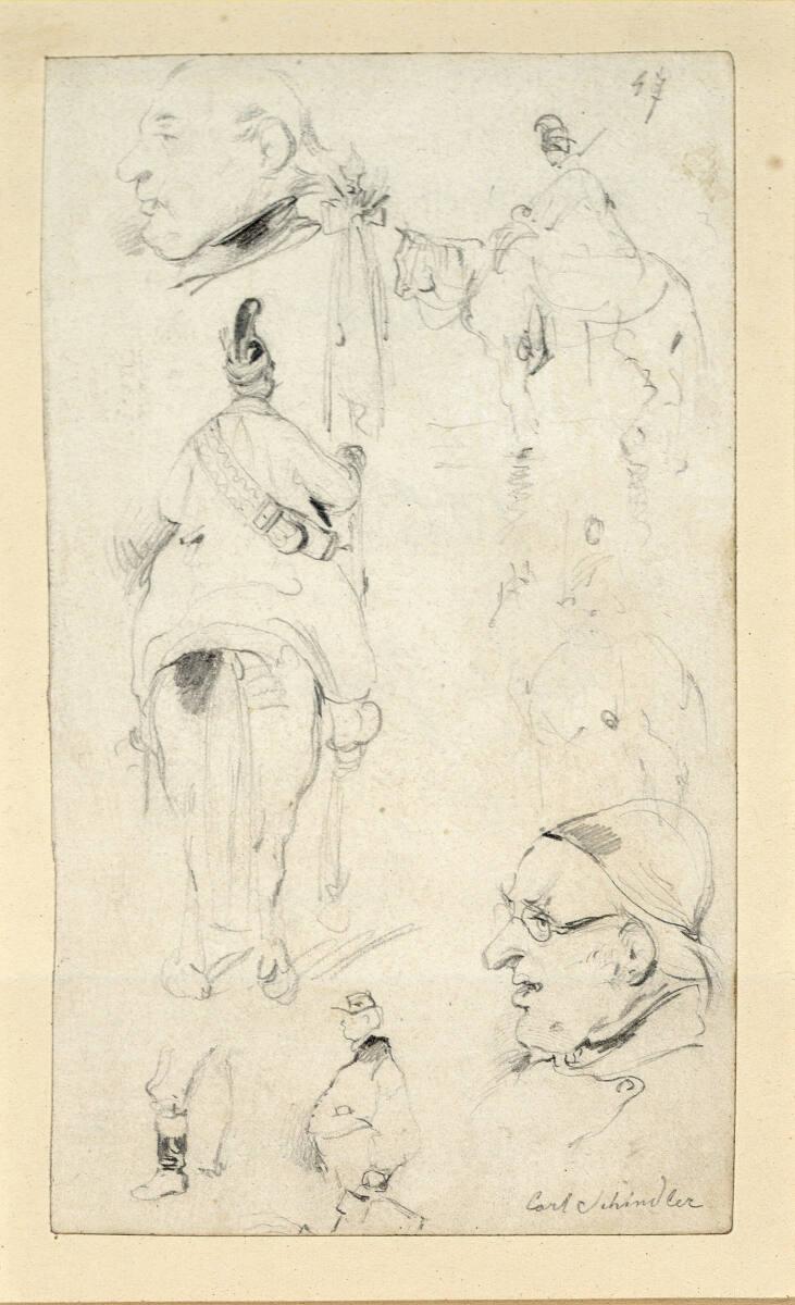 Carl Schindler, Studienblatt mit Soldatentypen, Inv. Nr.: 23506