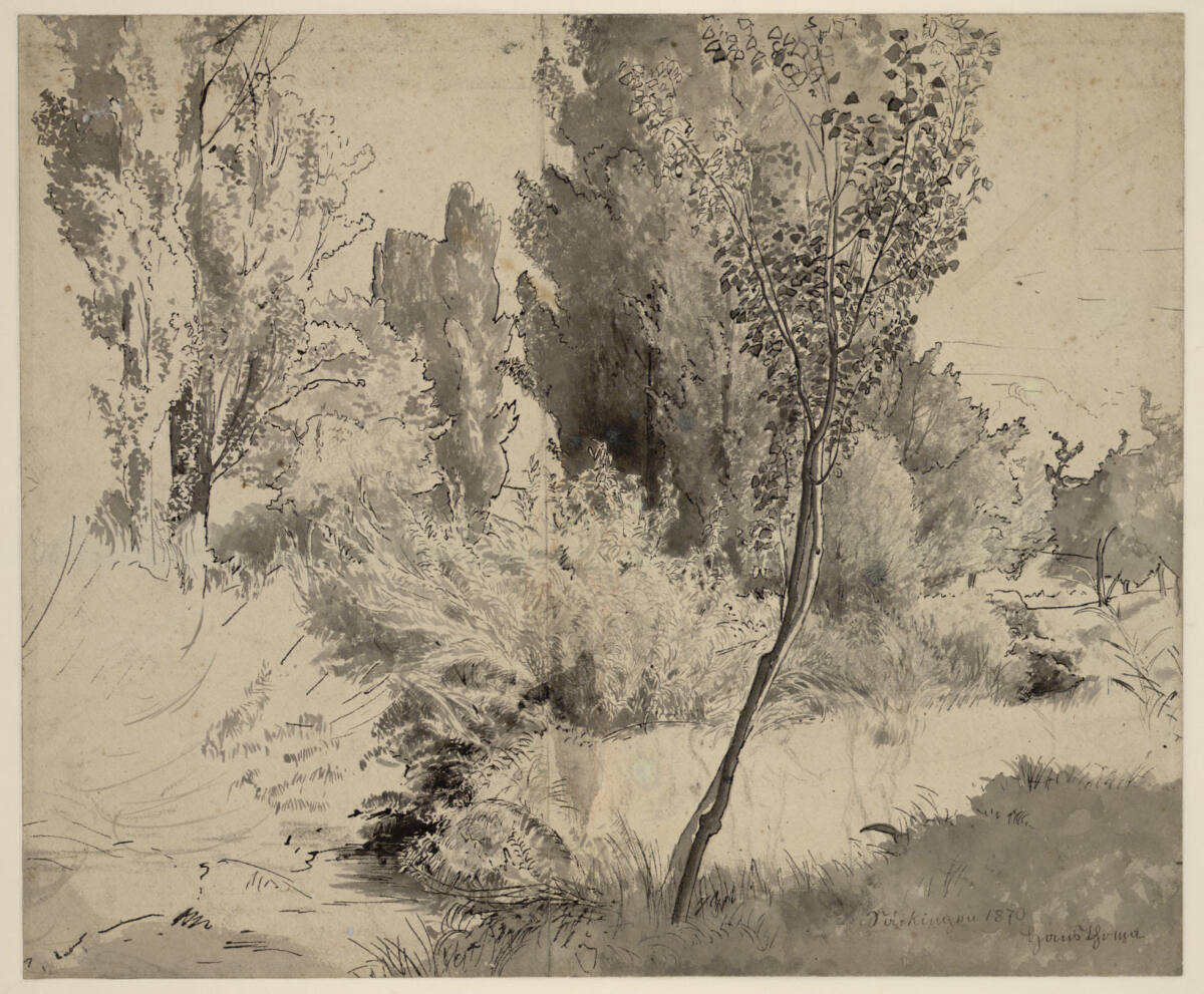 Wiesenlandschaft mit Bäumen bei Säckingen; darunterliegende Spuren von Figurenstudien, Hans Thoma, 1870