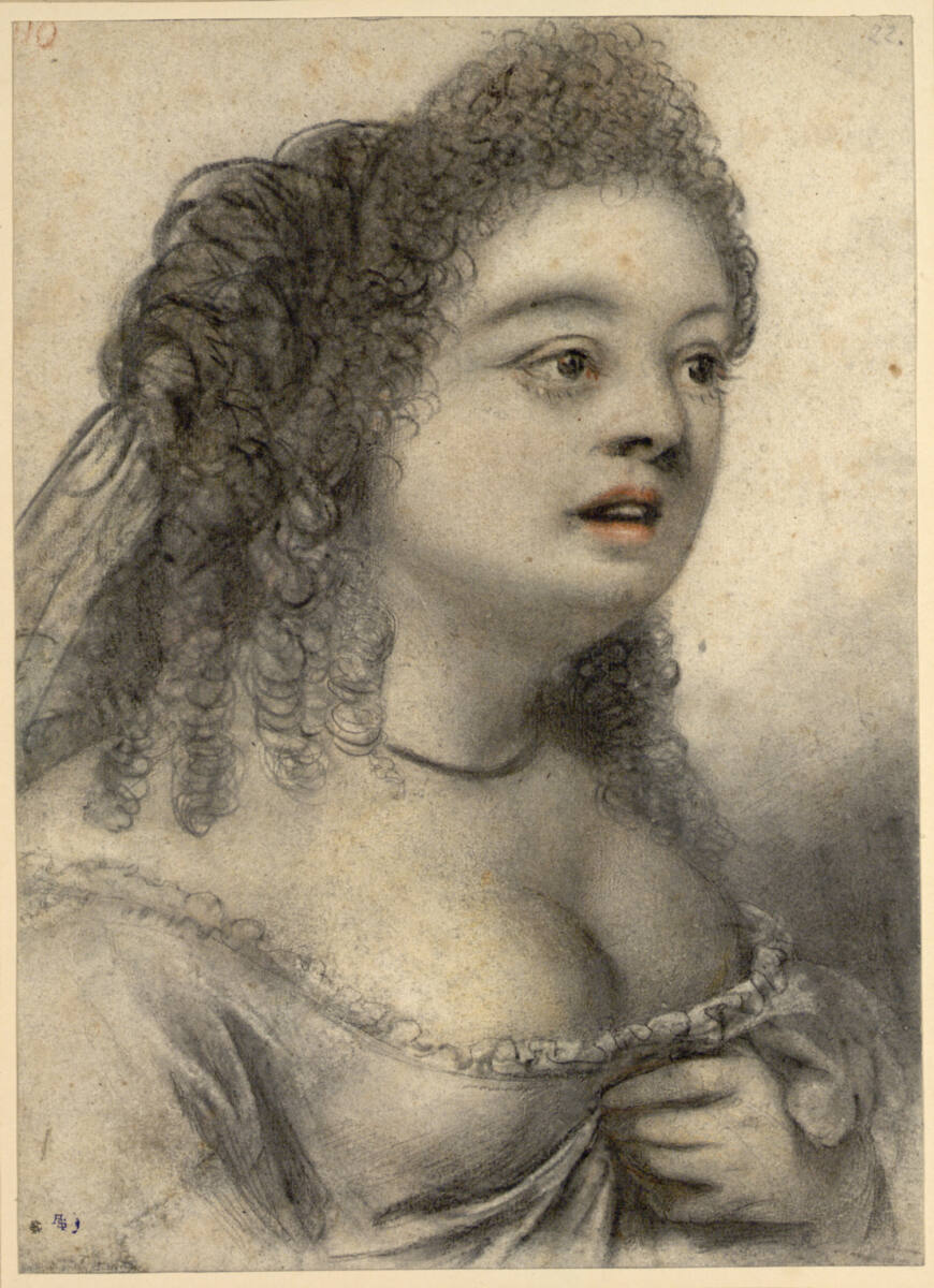 Jüngere Frau mit herabfallenden Locken, mit der linken Hand das Kleid über der Brust raffend, Büste, schräg nach rechts, Nicolas Lagneau