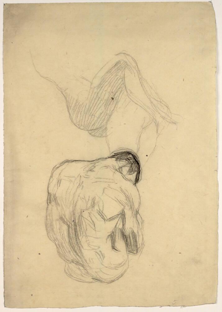 Fragment eines sich umarmenden Paares, sitzender männlicher Rückenakt (Studien für "Die Philosophie"), Gustav Klimt, 1898–1899