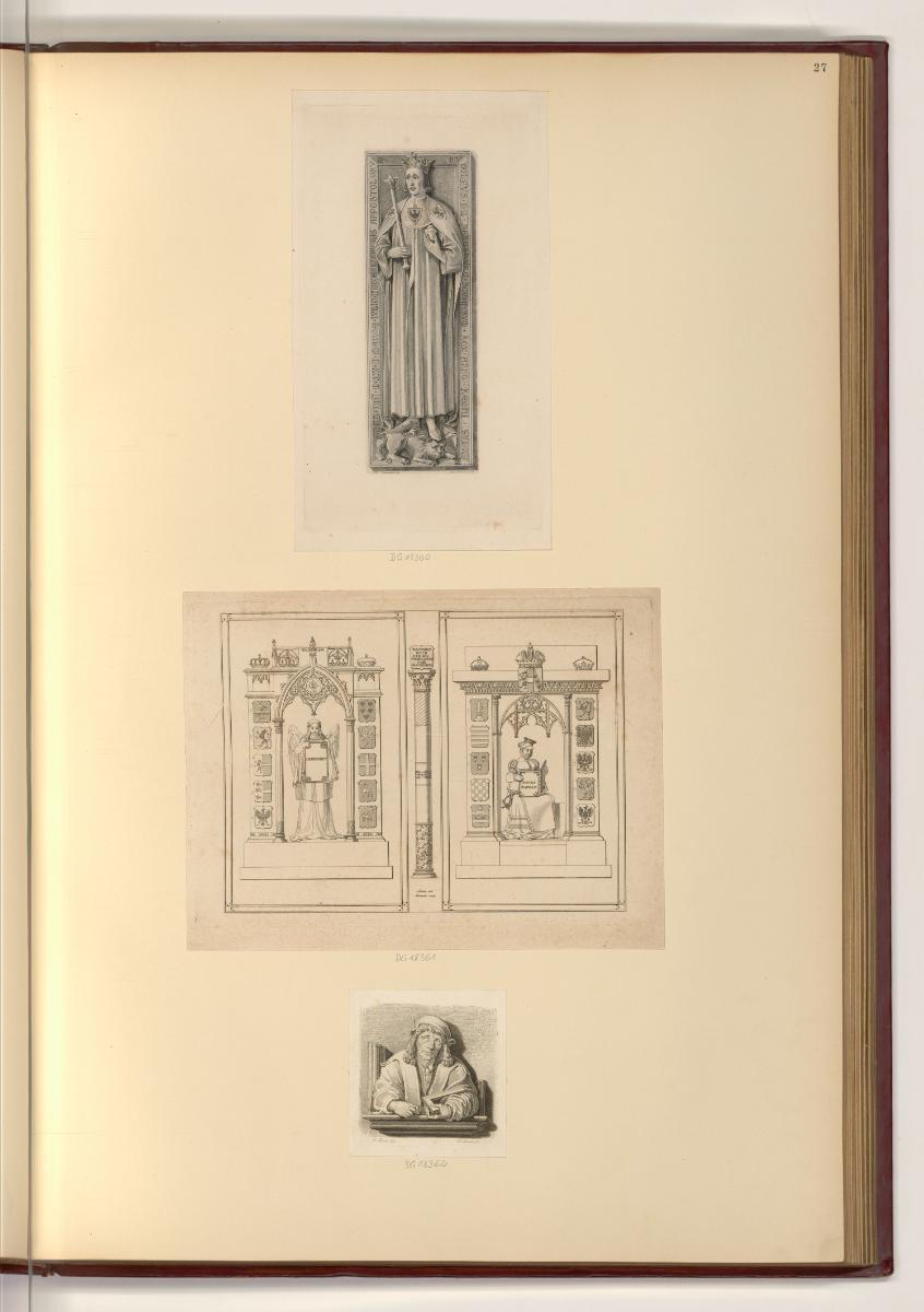 Druckgrafiken von Josef Axmann, Grabstein Rudolf I. von Habsburg; Meister Pilgram mit dem Winke…