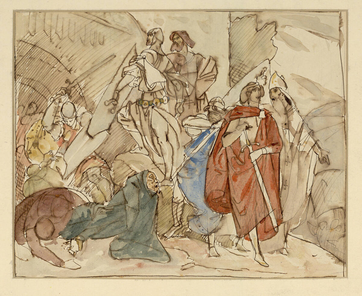 Ritter, mit einem jungen Adligen und einem Bischof voran, bahnen sich den Weg aus einer Stadt oder durch eine Burgtor, Alfred Rethel