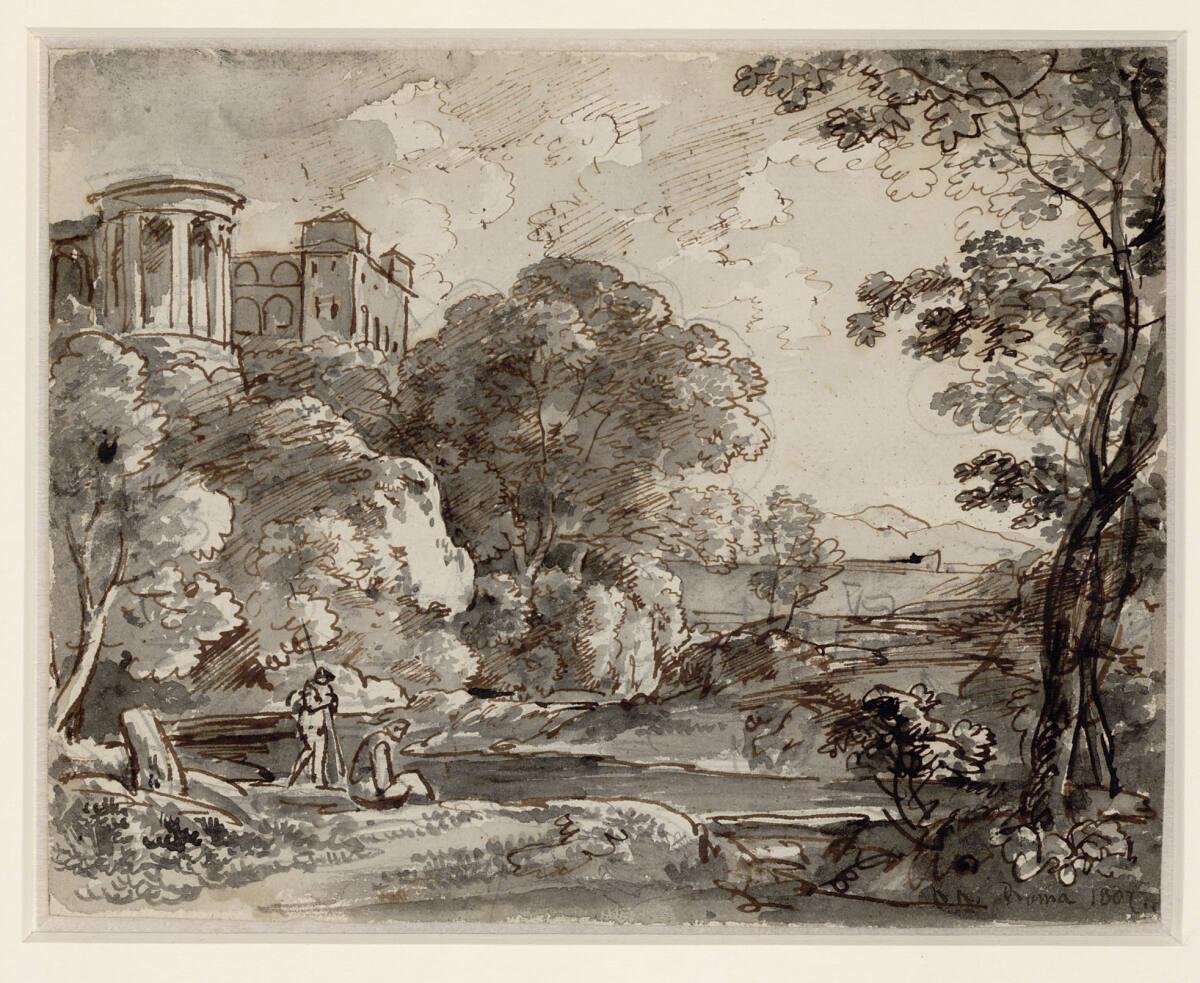 Maximilian Johann Georg von Dillis, Ideallandschaft mit Schloss und Rundtempel auf einer Anhöhe…