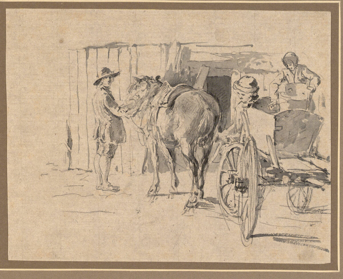 Bauern beim Abspannen eines Pferdefuhrwerkes, Johann Georg von Dillis