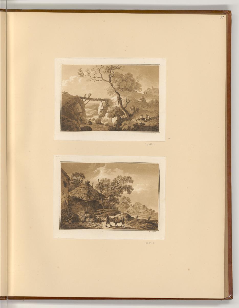 Druckgrafiken nach Werken von Christian Wilhelm Dietrich, Schmale Holzbrücke zwischen Felsen üb…