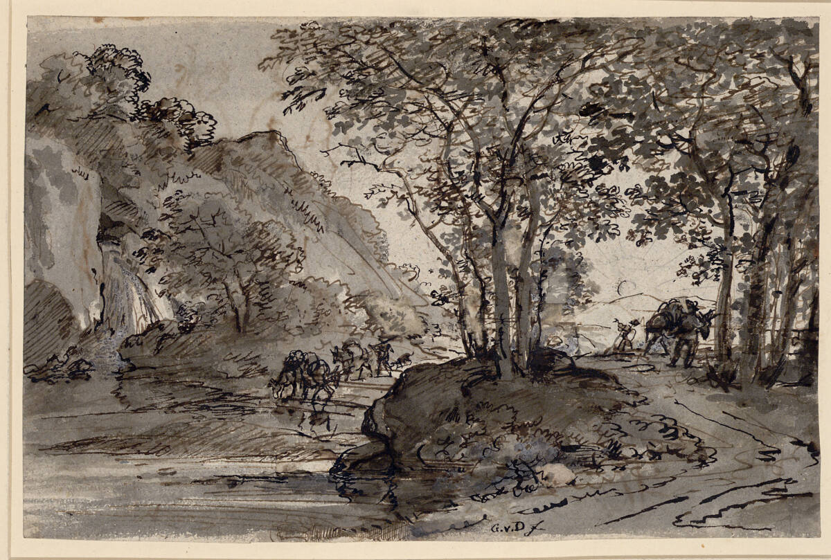 Ideallandschaft mit Reisenden und Maultieren bei Sonnenuntergang, Johann Georg von Dillis