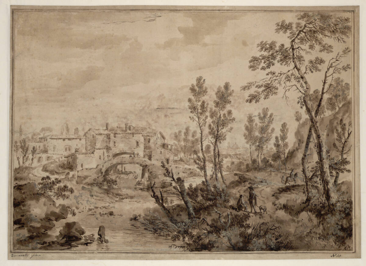 Landschaft mit Dorf und Steinbrücke, Giuseppe Zais