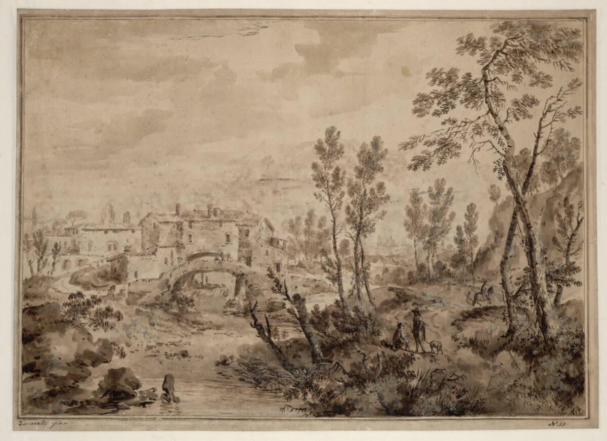 Giuseppe Zais, Landschaft mit Dorf und Steinbrücke, Inv. Nr.: 23806