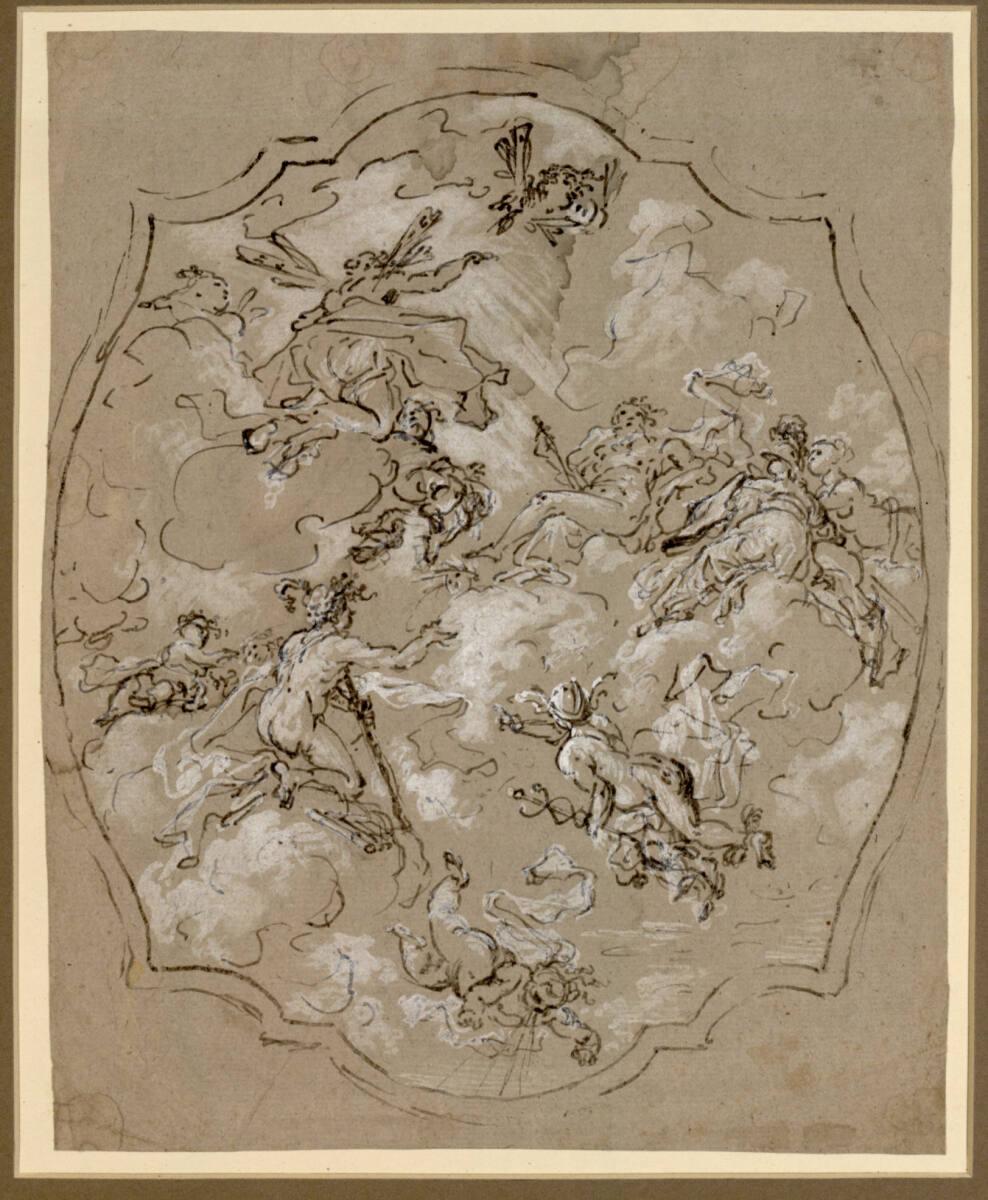 Fedele Fischetti, Mythologische Darstellung. Jupiter von in Wolken thronenden Göttern, Genien u…