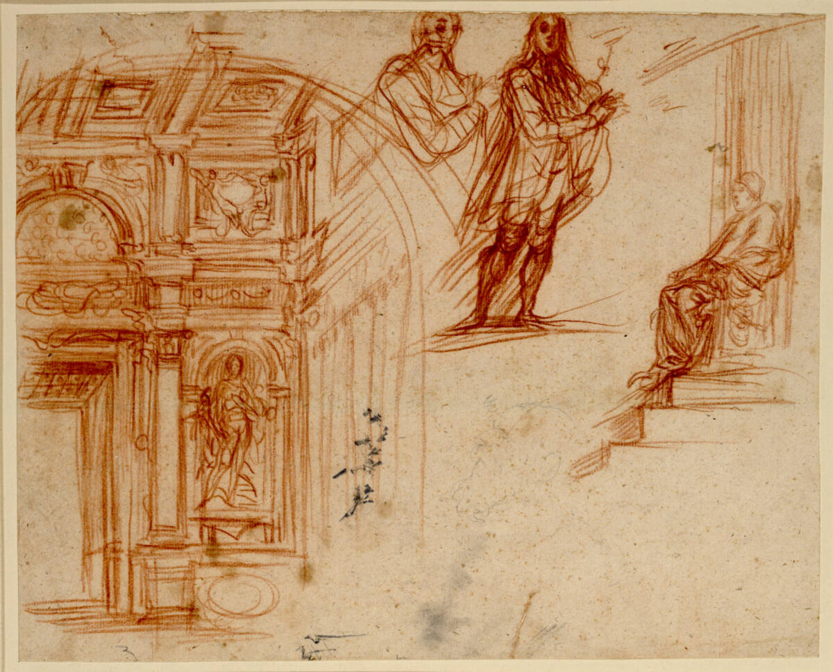 Skizzenblatt. Die nach links sitzende Figur des Papstes Leo X.; zwei Edelleute; Architekturdetail eines reich dekorierten Raumes mit einer Nischenfigur; Umriß des Profilkopfes eines bärtigen Alten nach links, Baldassare Franceschini, gen. il Volterrano, 1636