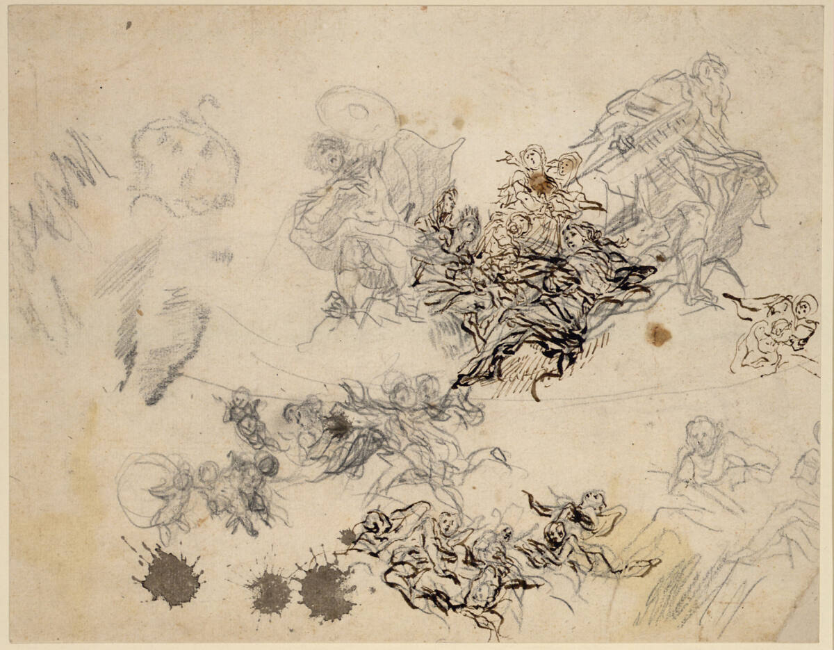 Studienblatt. Eine Gruppe von Propheten und Sibyllen, von Joshua und Moses umgeben, weitere Figurenstudien, Baldassare Franceschini, gen. il Volterrano, 1653–1661