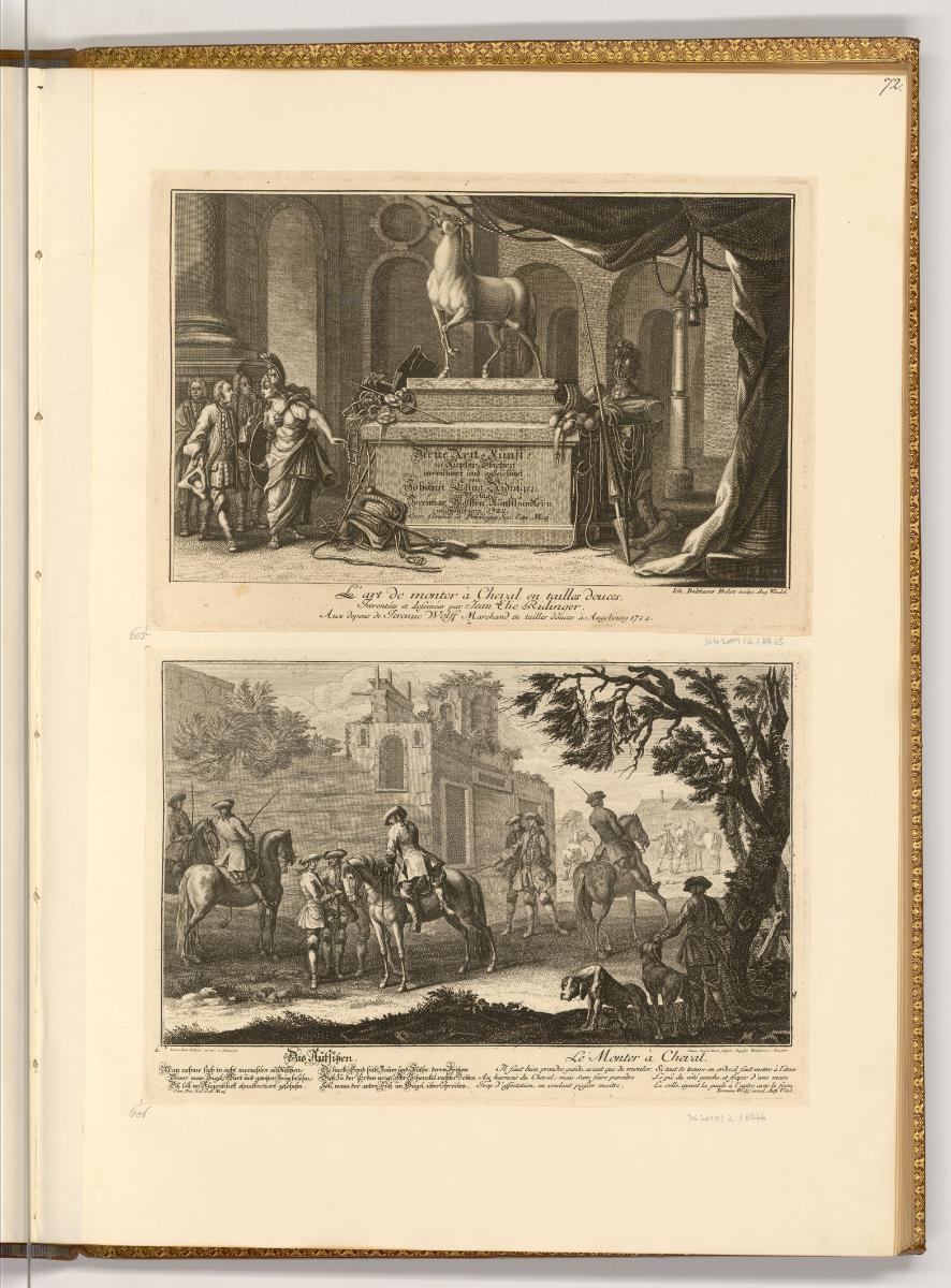Radierungen von und nach Johann Elias Ridinger, Neue Reit-Kunst (Titelblatt); Das Aufsitzen, In…