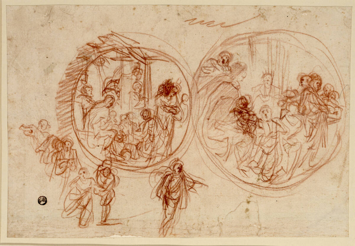 Zwei Medaillons mit Variationen zu einer "Anbetung der Könige", Figurenstudien, Baldassare Franceschini, gen. il Volterrano