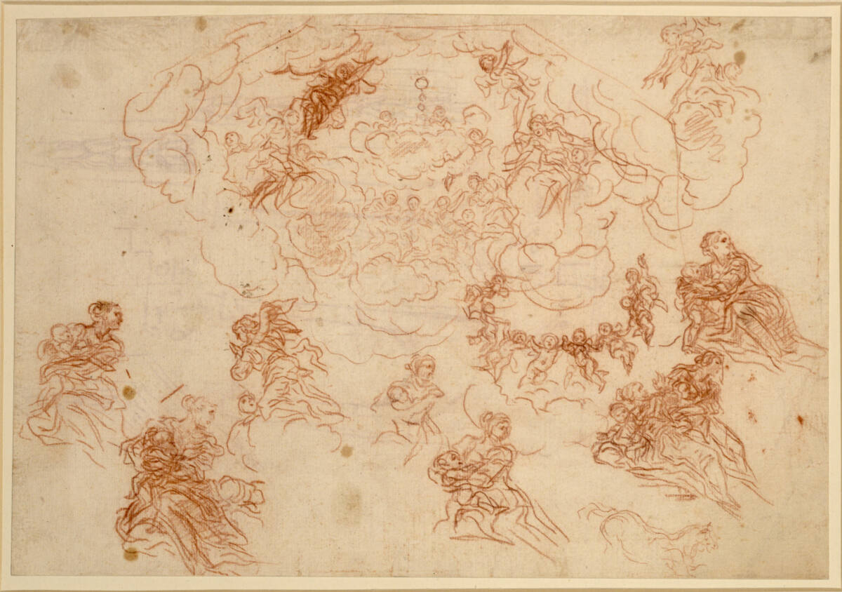 Madonnen- und Engelstudien in Wolken (Triumph der Eucharistie), flüchtige Pferdeskizze, Baldassare Franceschini, gen. il Volterrano, 1676–1683