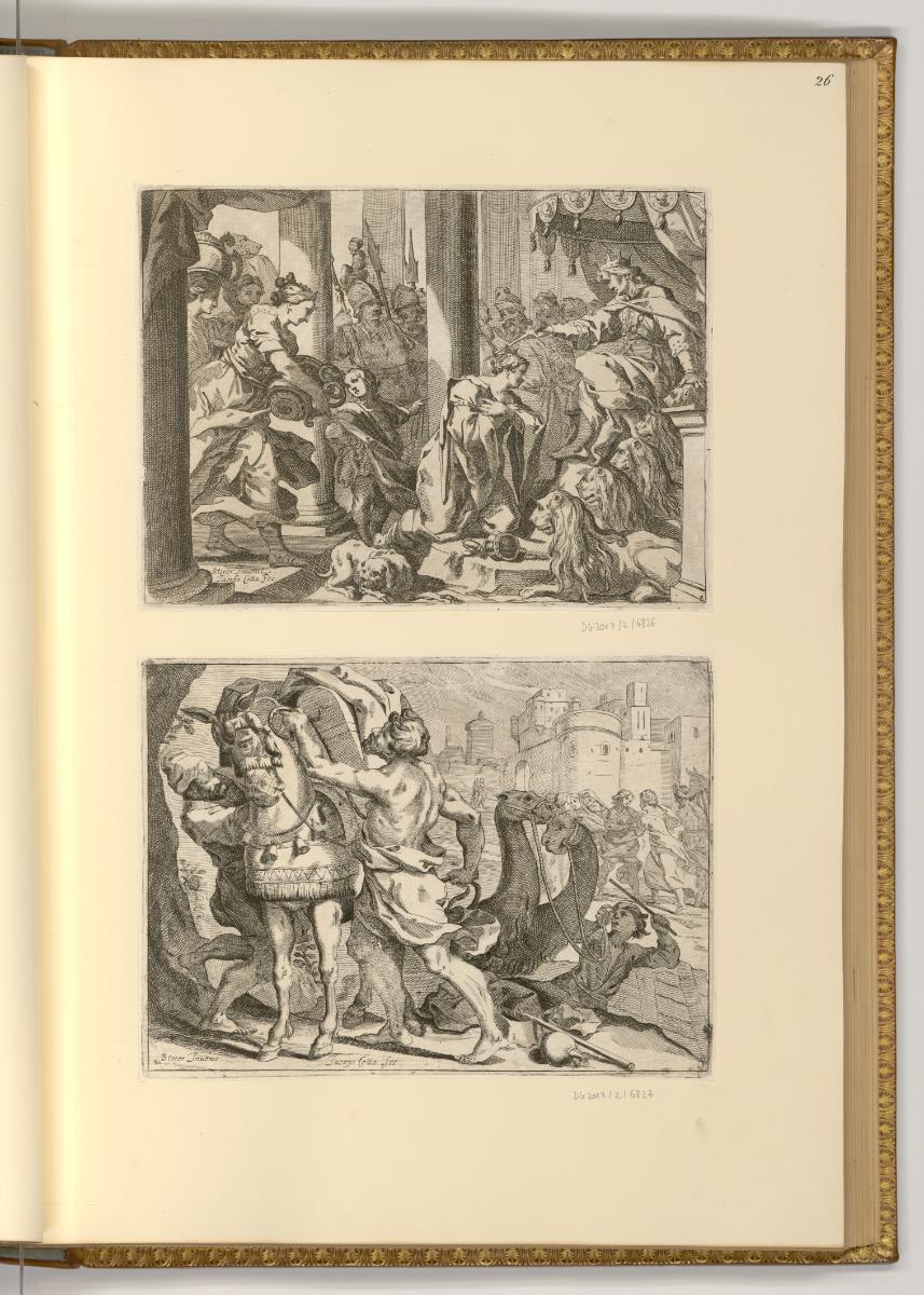 Deutsche Radierungen des 17. Jahrhunderts, Thronender König; Männer beladen ein Pferd, Inv. Nr.…