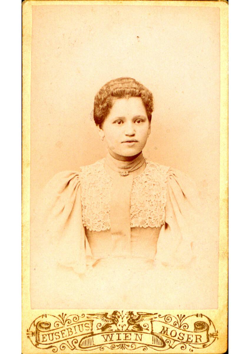 Eusebius Moser, Porträt einer Dame, in kleinkarierten Kleid mit Spitzeneinsatz, Inv. Nr.: Foto2…