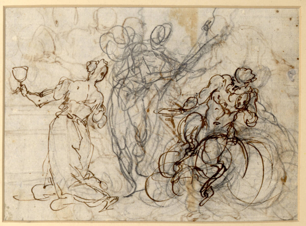 Eine in Rückenansicht kniende weibliche Figur, einen Kelch in der ausgestreckten Linken; ein Mann mit Lanze; in Vorderansicht sitzender Satyr, Alessandro Maganza