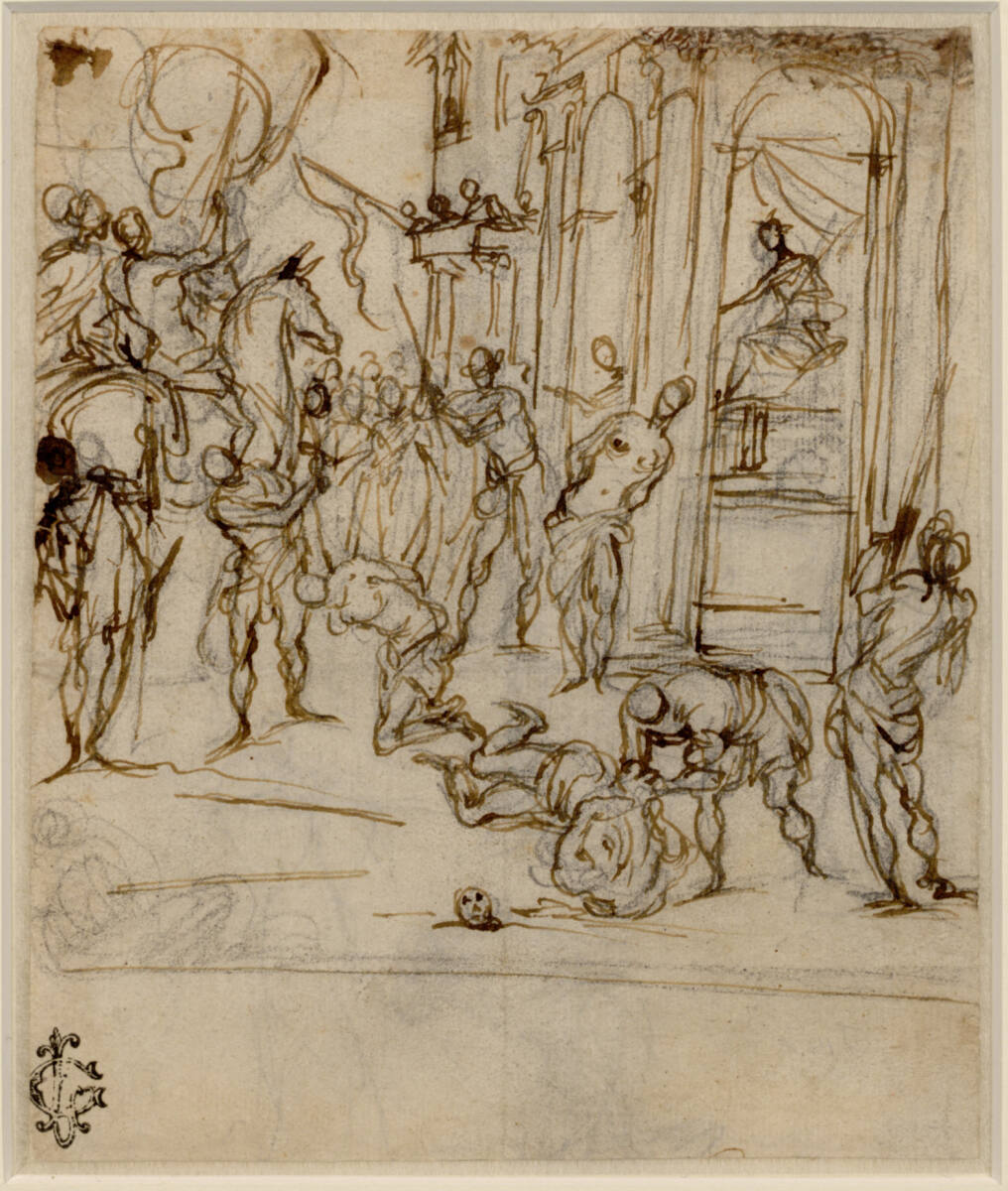 Märtyrerszene auf der Gasse vor einem Palazzo. (Von Häschern zu Pferd und zu Fuß werden Menschen niedergemacht; im Gebäude rechts Zuschauer, einer sitzend, andere am Balkon, in Fenster und Tür), Alessandro Maganza
