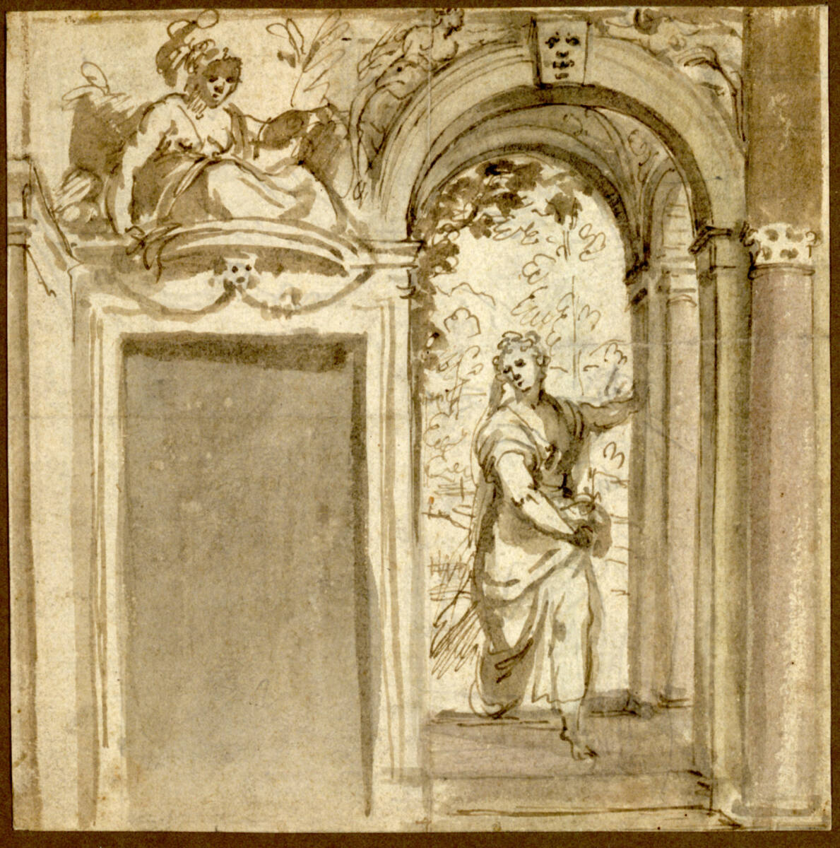 Weibliche Figur in Vorderansicht, den Portiko eines Palais durchlaufend, Venezianisch