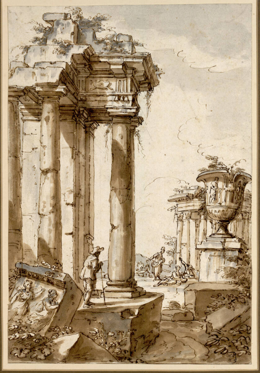 Antike Ruinenreste mit Staffagefiguren; rechts eine Amphore auf einem hohen Sockel, Giuseppe Zais